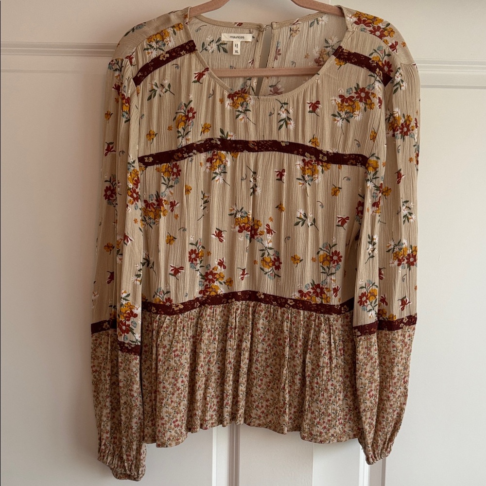 Maurices Floral Patchwork Blouse with Burgundy Accents